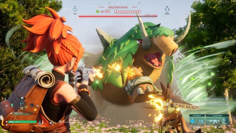 Palworld: A red-haired player shoots Mammorest with a rifle while a companion attacks nearby.