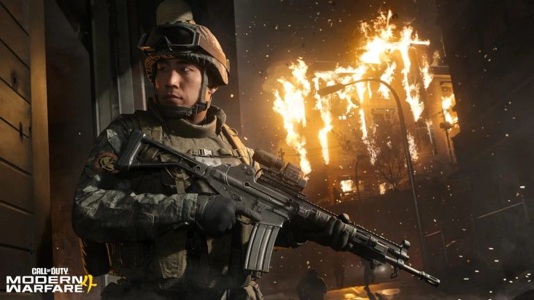 Call of Duty: Modern Warfare 4 — a helmeted soldier with a rifle stands before burning buildings at night.