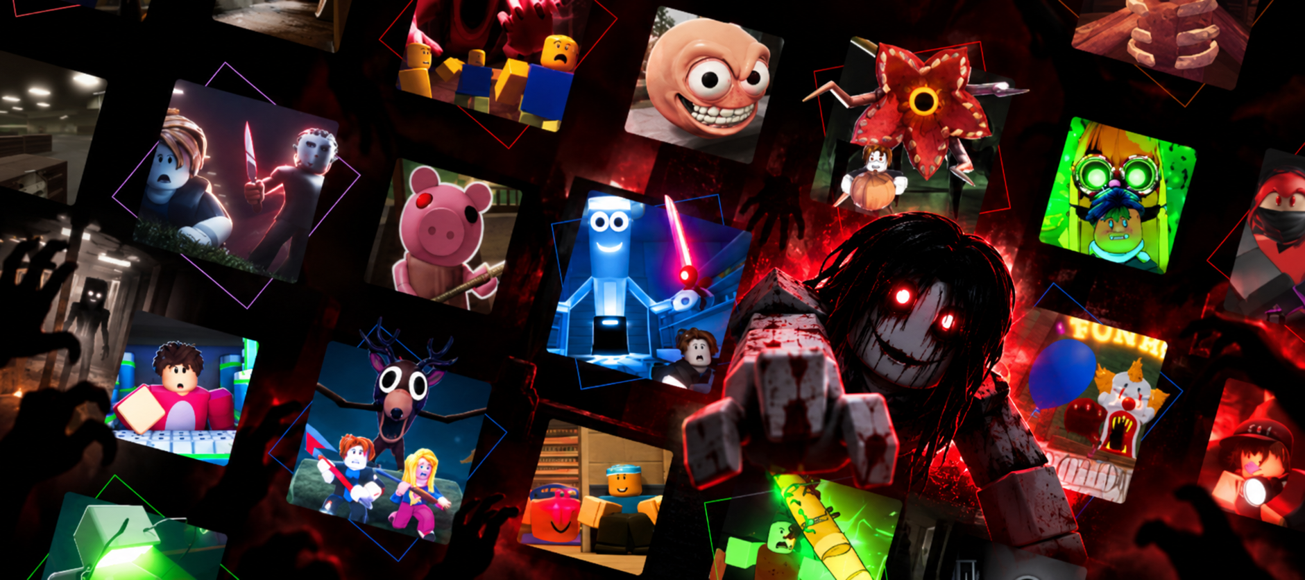 Montage of Roblox horror game monsters and dark environments