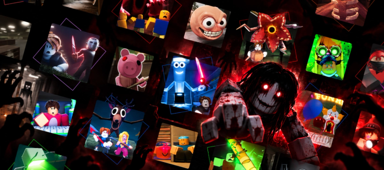Montage of Roblox horror game monsters and dark environments
