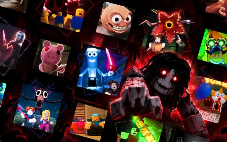 Montage of Roblox horror game monsters and dark environments