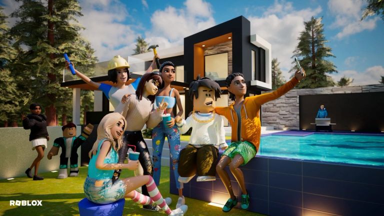 Roblox characters gather beside a pool at a modern house; one holds a phone for a group selfie.
