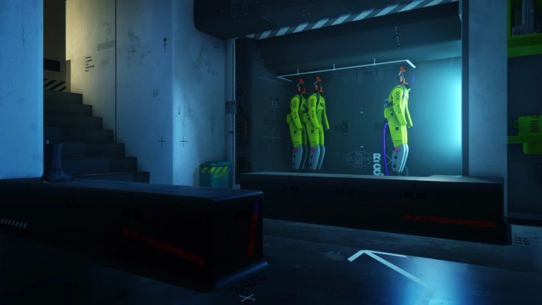 Marathon: Three bright green suits hang in a blue-lit storage bay beside a staircase and crates.