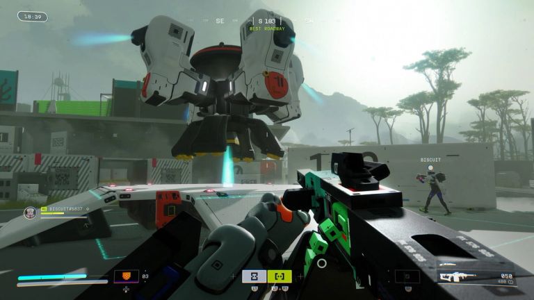 Marathon: A first-person rifle points toward a teammate and hovering machine in a sunlit compound.