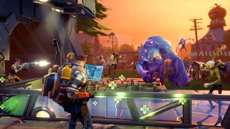 Fortnite: Characters build a barrier and battle a large blue monster and smaller creatures at sunset.