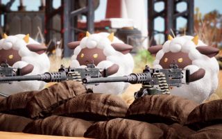 Three sheep-like Pals with guns in Palworld, which is getting a card game