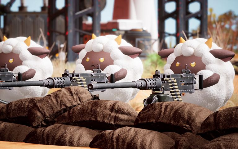 Three sheep-like Pals with guns in Palworld, which is getting a card game