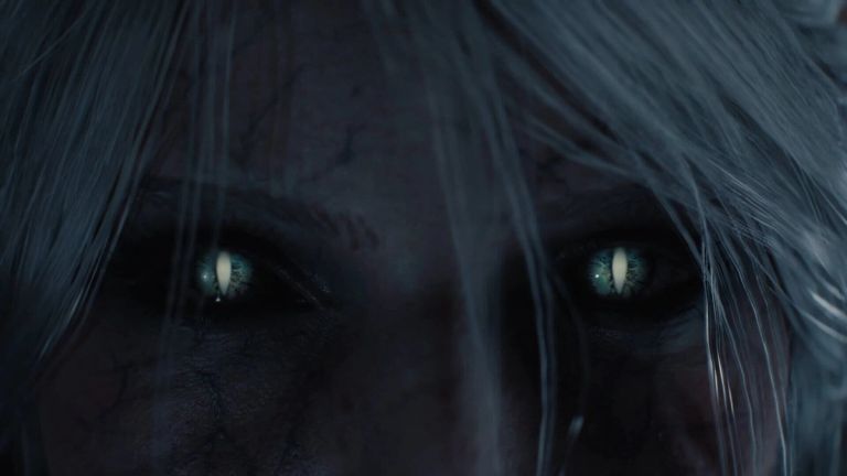 The Witcher IV: Close-up of a white-haired person with pale, slit-pupil eyes.