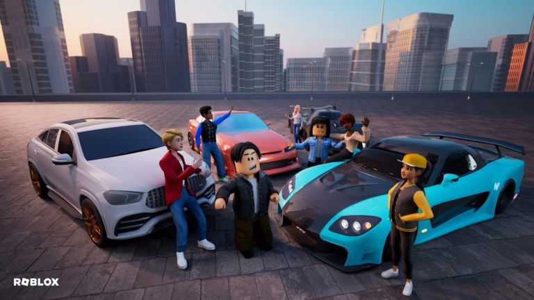 Roblox characters pose beside white, red, and turquoise cars on a rooftop in front of a city skyline.