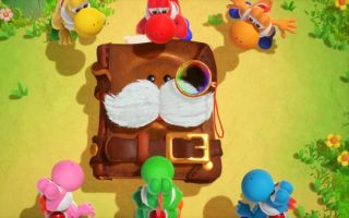 Yoshis surrounding the titular mysterious book in Yoshi and the Mysterious Book