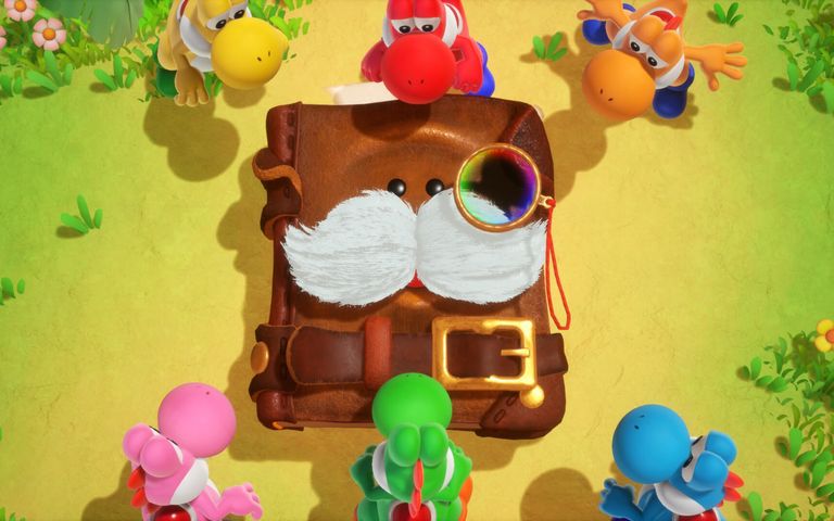 Yoshis surrounding the titular mysterious book in Yoshi and the Mysterious Book
