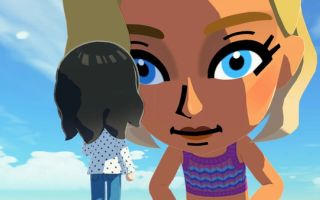 A huge dream Mii looks down at a small Mii in Tomodachi Life: Living the Dream
