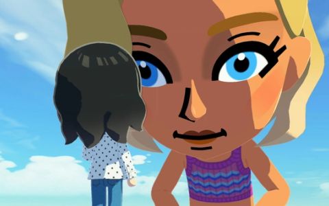 A huge dream Mii looks down at a small Mii in Tomodachi Life: Living the Dream
