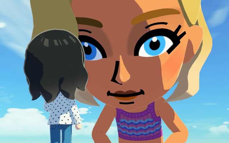A huge dream Mii looks down at a small Mii in Tomodachi Life: Living the Dream