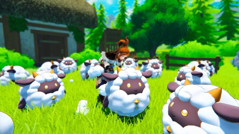 Palworld: A woman stands among many fluffy sheep-like Pals in a green settlement.