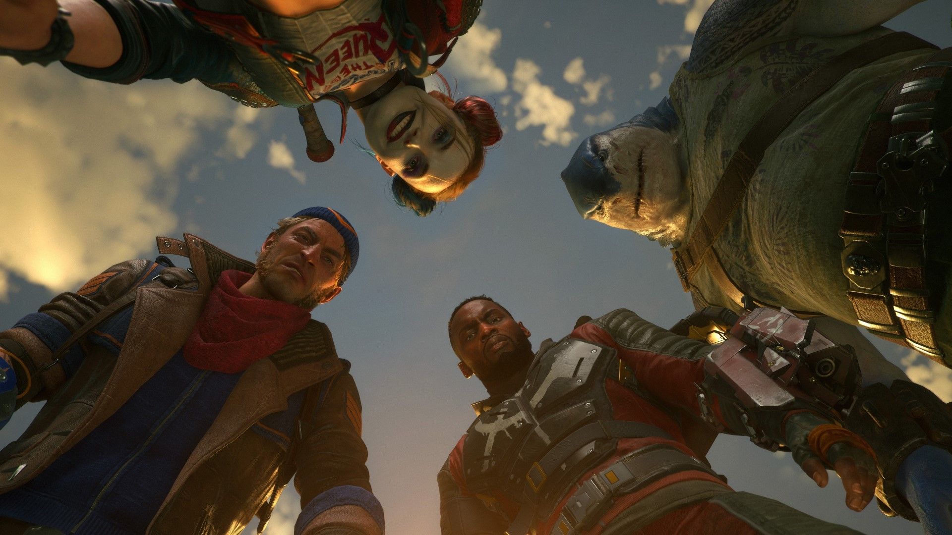 The four Suicide Squad members looking down at the camera