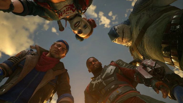 The four Suicide Squad members looking down at the camera