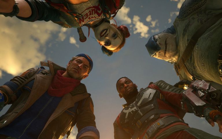 The four Suicide Squad members looking down at the camera