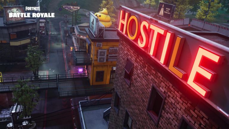 Fortnite: A glowing HOSTEL sign hangs over a quiet, neon-lit street at night.