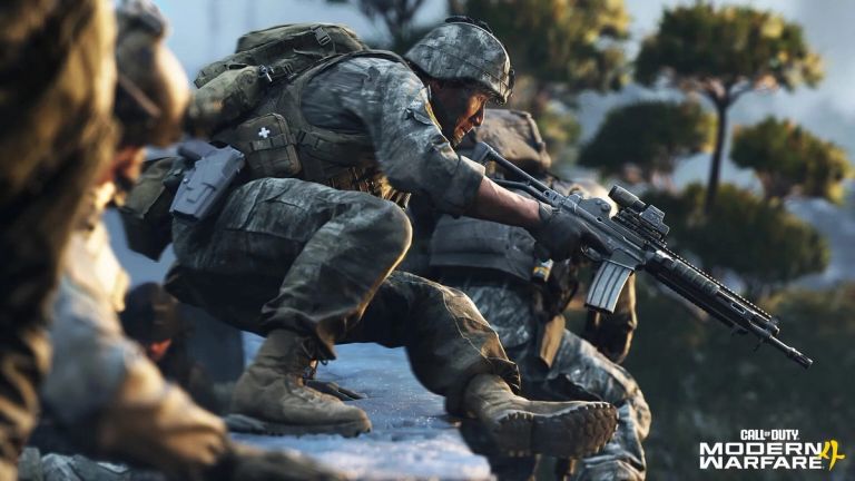 Call of Duty: Modern Warfare 4 — a helmeted soldier crouches with a rifle beside troops in a stream.