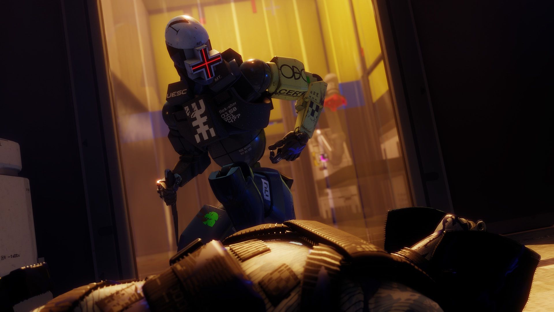 A character leaning over another character in Marathon