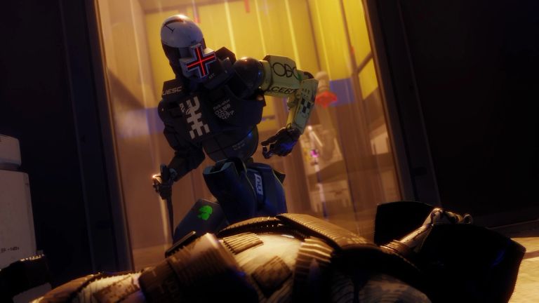 A character leaning over another character in Marathon