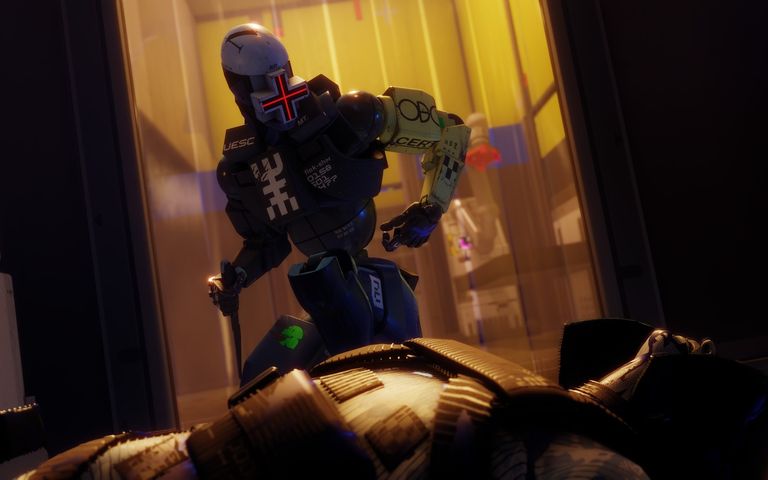 A character leaning over another character in Marathon