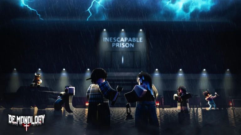 Official Demonology Roblox game thumbnail showing investigators in a storm at a prison
