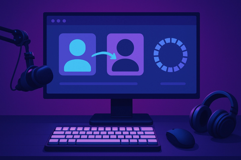 Illustrated gaming desk with two abstract avatars connected by an arrow on a monitor, an unmarked circular waiting indicator, a microphone and headphones.