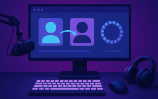 Illustrated gaming desk with two abstract avatars connected by an arrow on a monitor, an unmarked circular waiting indicator, a microphone and headphones.
