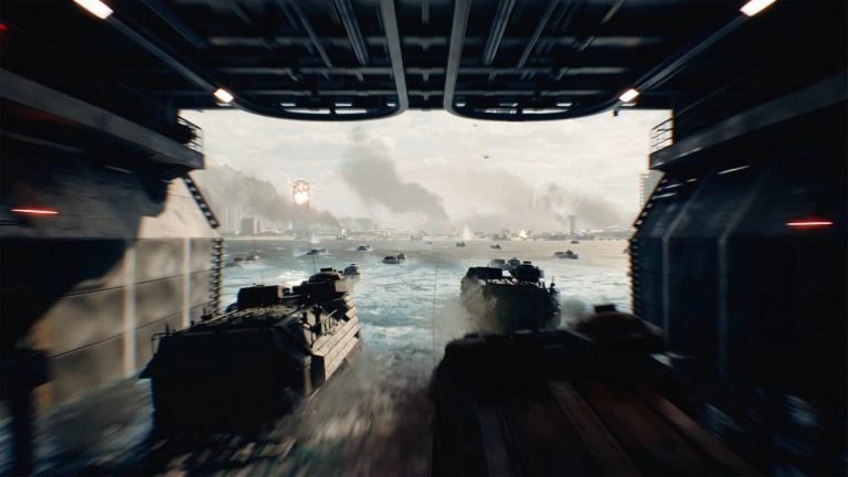 Battlefield 6: Armored vehicles drive through shallow water toward a distant city under smoke.