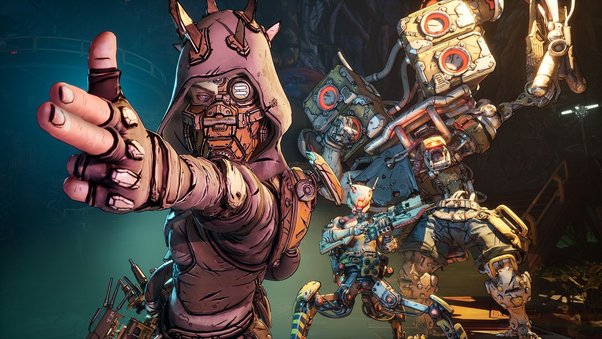 A character in Borderlands 4 making a gun-finger gesture with two robots behind them