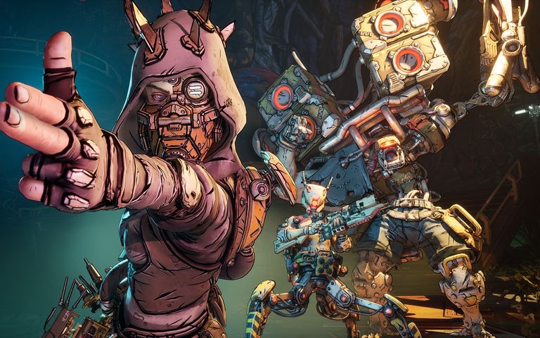 A character in Borderlands 4 making a gun-finger gesture with two robots behind them