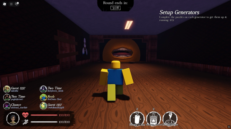 Forsaken Roblox screenshot showing a survivor and generator objective in a dark room