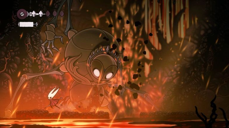 Hollow Knight: Silksong — Hornet faces a giant insect in a fiery cavern above flowing lava.