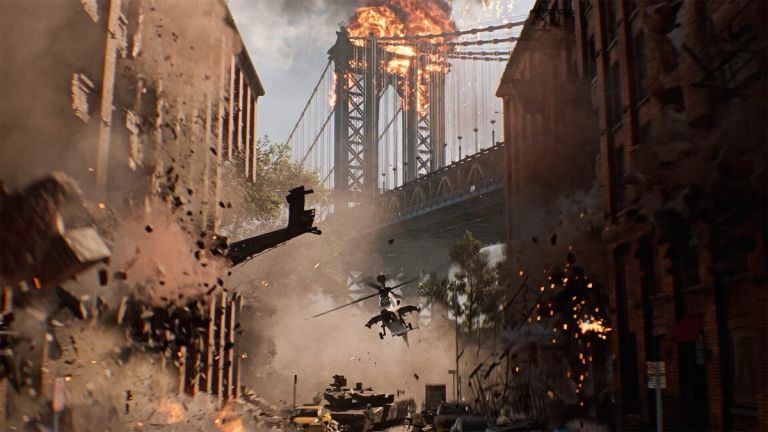 Battlefield 6: A helicopter and tank move through a damaged city street as a bridge burns overhead.