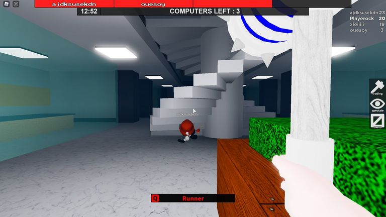 Flee the Facility Roblox gameplay showing a survivor near a staircase with computers remaining