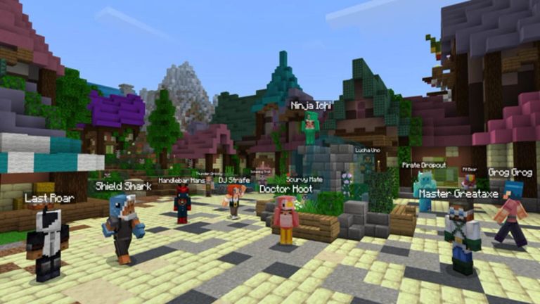 Minecraft: Player characters stand in a plaza surrounded by colorful buildings and planters.