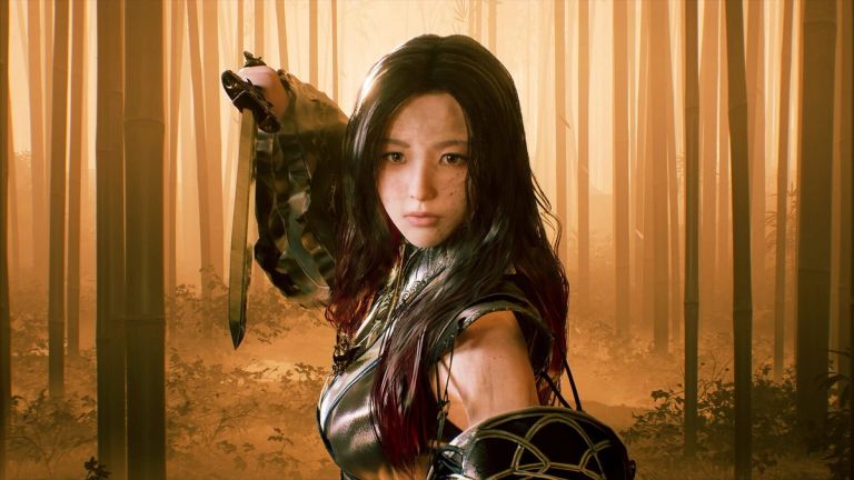 Phantom Blade Zero: A black-haired woman holds a sword in a golden bamboo grove.