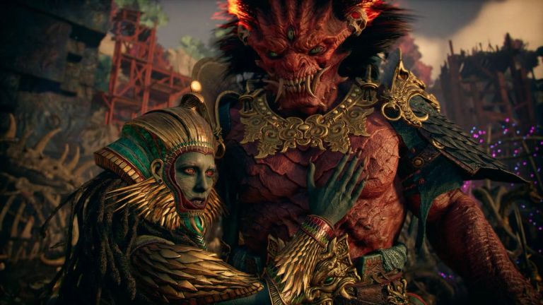 God of War Laufey: A masked figure stands beside a large red-skinned creature in armor.