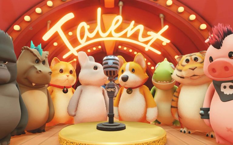 A group of animals gathered around a microphone with the word "Talent" in glitzy lighting in the background in Party Animals