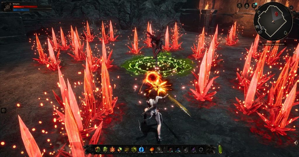A magic-wielding RPG character casting a fire spell amid red crystalline formations
