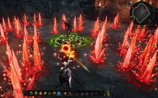 A magic-wielding RPG character casting a fire spell amid red crystalline formations