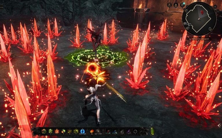 A magic-wielding RPG character casting a fire spell amid red crystalline formations