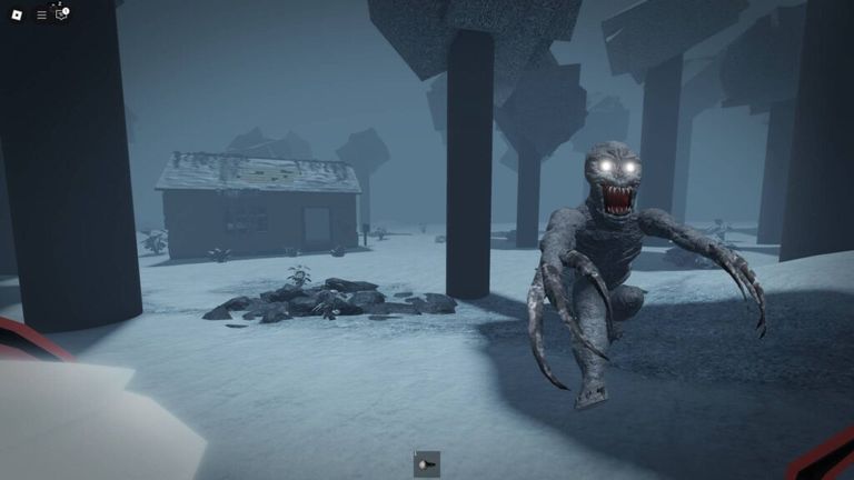 The Rake REMASTERED Roblox gameplay showing the pale clawed Rake monster in the forest