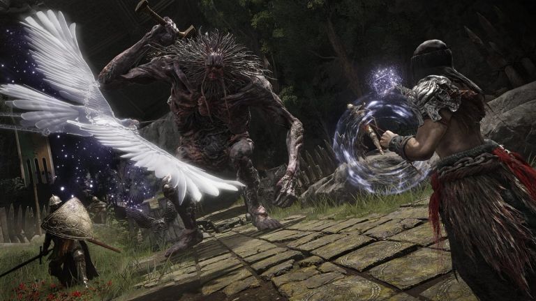 Elden Ring: An armored figure confronts a towering creature while another fighter casts a glowing spell.