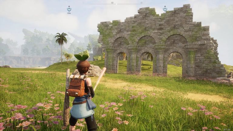 Palworld: A player with a club stands in a flower meadow facing a stone ruin.