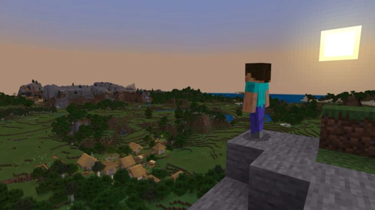 Minecraft: Steve looks out over a village and green landscape beneath the setting sun.