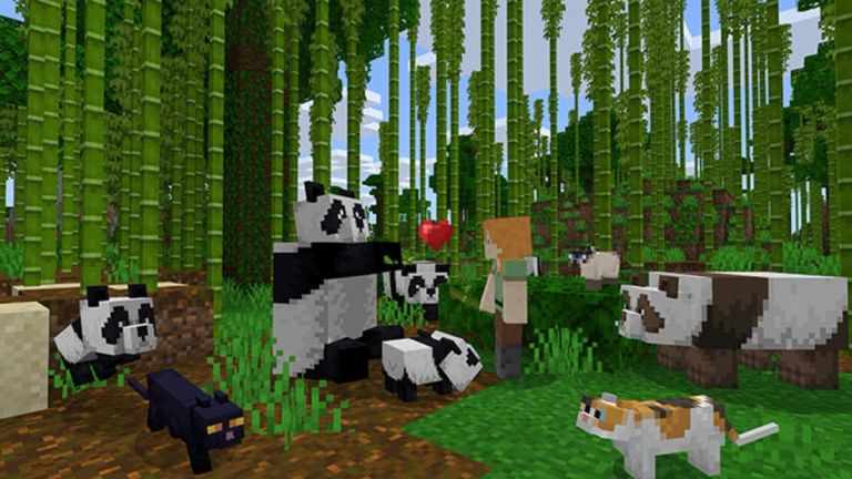Minecraft: Alex stands near pandas in a bamboo forest as a heart floats above an adult and cub.