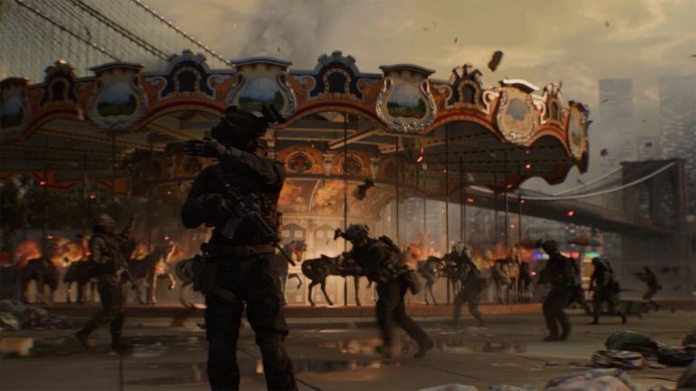 Battlefield 6: Armed soldiers move past a carousel in a smoke-filled urban area at dusk.